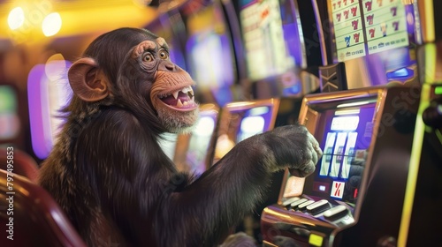 Monkey Sitting In Front Of Slot Machine photo