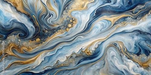 abstract painting inspired by marble texture, gold, blue, white, grey hues 