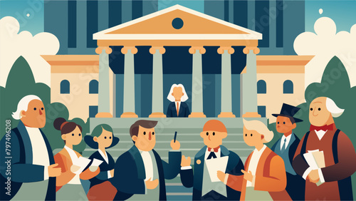 On the steps of a grand courthouse actors dressed as the Founding Fathers convene for a reunion discussing the significance of the Declaration of. Vector illustration