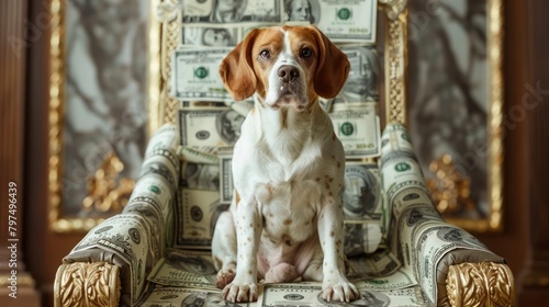 Dog Sitting on Top of a Chair Covered in Money photo