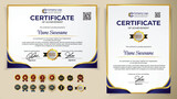 Blue Certificate template modern Luxury using Gold ribbon with Badge editable and Qr Code for formal, award, academic, graduation, bussiness, education, training, honor, diploma, event, course.