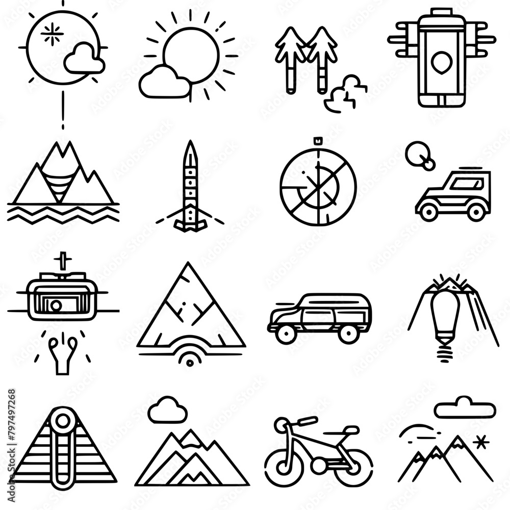 Fototapeta premium vacation icon, travel icon, beach icon, summer icon, airplane icon, tourism icon, nature icon, mountain icon, tour icon, travel destinations icon, transportation icon, transport icon, weather icon, lu