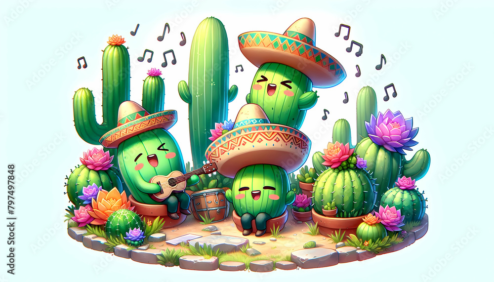 Whimsical 3D Cartoon Chibi Style: A Serene Watercolor Landscape with Cartoon Cacti Serenading Cinco de Mayo Festivities in Isometric Scene