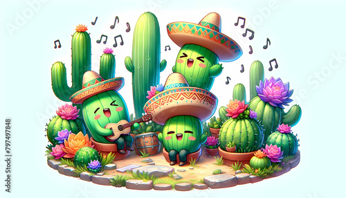 Whimsical 3D Cartoon Chibi Style: A Serene Watercolor Landscape with Cartoon Cacti Serenading Cinco de Mayo Festivities in Isometric Scene