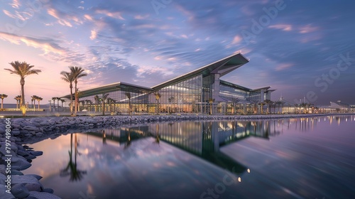 The image shows an airport terminal building with a long, curved roof. The building is made of glass and metal, and it is surrounded by palm trees and water.

