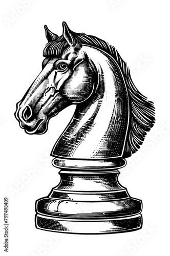 horse chess piece engraving black and white outline