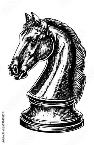 horse chess piece engraving black and white outline