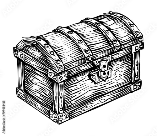 treasure chest engraving black and white outline