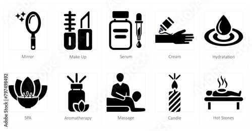 A set of 10 beauty and spa icons as mirror, make up, serum