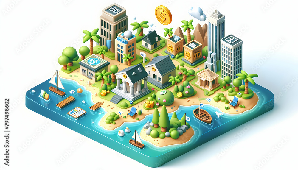 3D Icon of Investment Island: Cartoon Paradise Comparing Investment Opportunities in Isometric Scene and Miniature Diorama Art