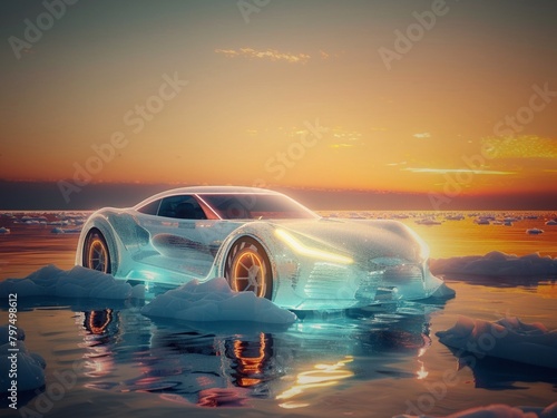 Modern car made out of ice resting on wet snowlands during a sunset. photo