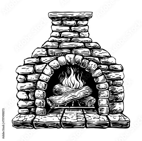fire place engraving black and white outline