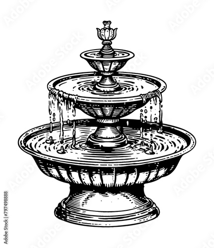 old fountain engraving black and white outline