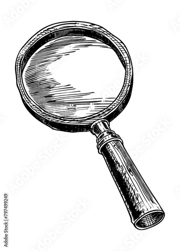 magnifying glass engraving black and white outline