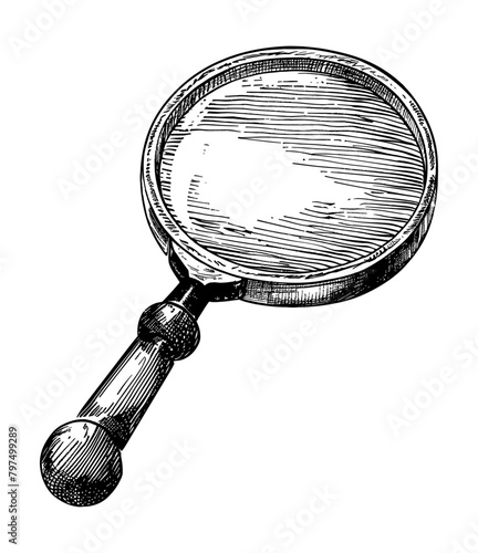 magnifying glass engraving black and white outline