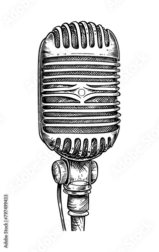 retro mic engraving black and white outline