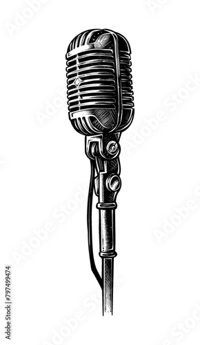 retro mic engraving black and white outline