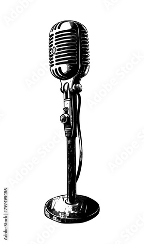 retro mic engraving black and white outline