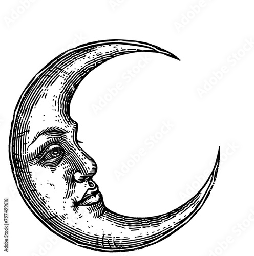 crescent moon face head engraving black and white outline