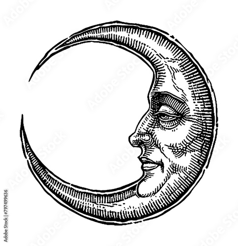crescent moon face head engraving black and white outline