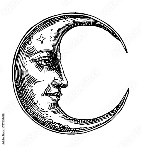 crescent moon face head engraving black and white outline