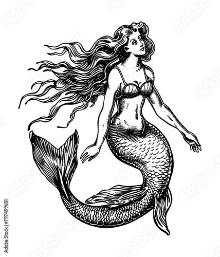 mermaid engrave engraving black and white outline