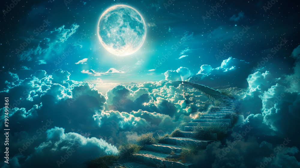 Fototapeta premium Ethereal dreamy composition of a stairway among the clouds
