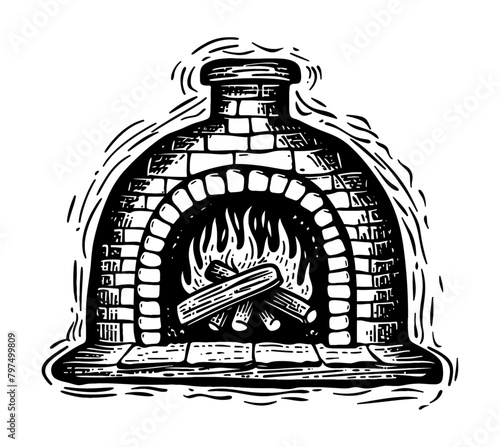 retro pizza oven engraving black and white outline