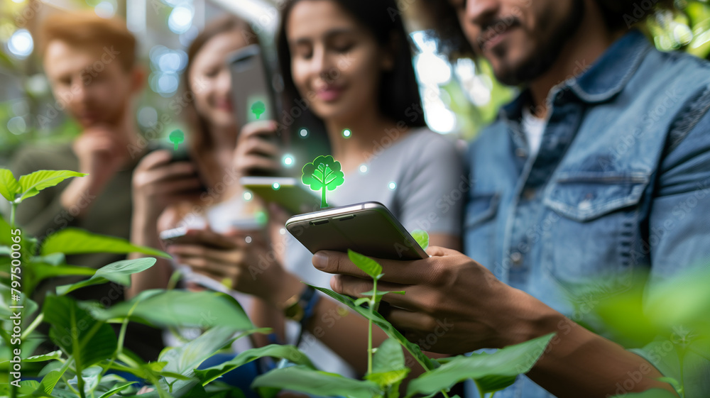 Obraz premium A group of people using a mobile app to track their carbon footprint