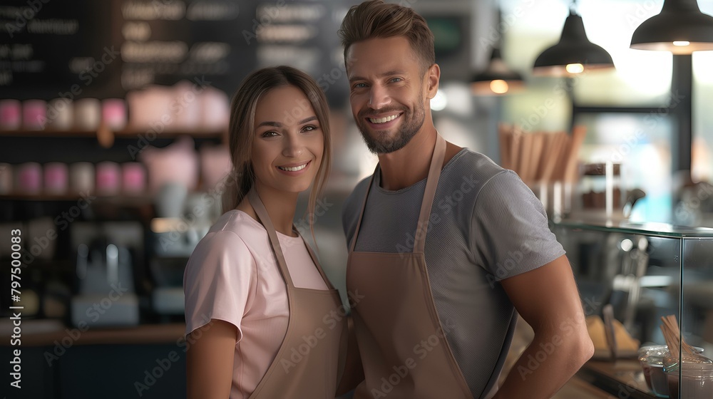 portrait of happy small business owner partners in cafe setting. generative AI portrait of happy small business owner partners in cafe setting. generative AI