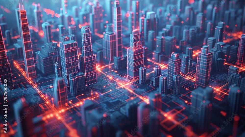 Grid Structure: A 3D vector illustration of a futuristic cityscape with interconnected grid structures Grid Structure: A 3D vector illustration of a futuristic cityscape with interconnected grid structures