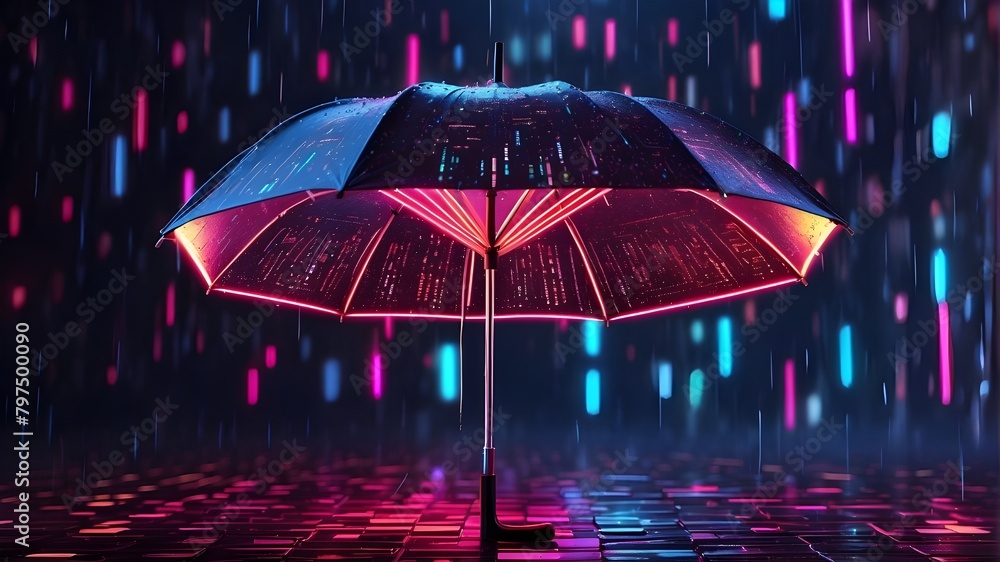 Neon code rain falling on a digital umbrella in a matrix.