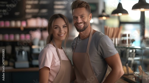 portrait of happy small business owner partners in cafe setting. generative AI