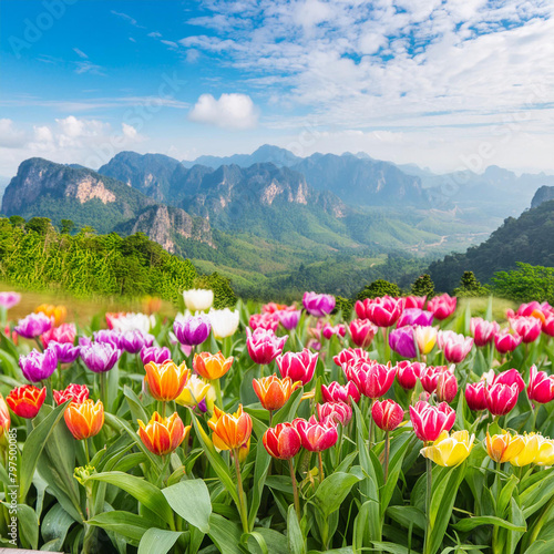 Selective focus.closeup of fantasy multicolor tulip flower blooming in garden with landscape meadow mountain view.nature spring background