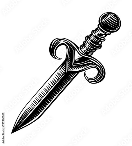 antique sword engraving black and white outline