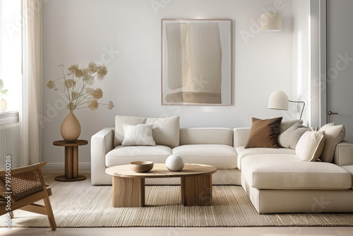 Modern Scandinavian living room with sofa, coffee table, chairs, flower vase on the floor and interesting abstract poster on the wall