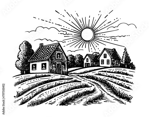 village field engraving black and white outline © slowbuzzstudio