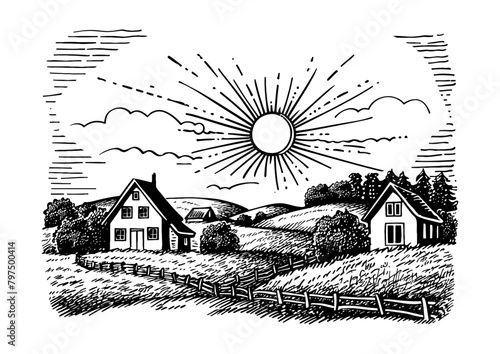 village field engraving black and white outline