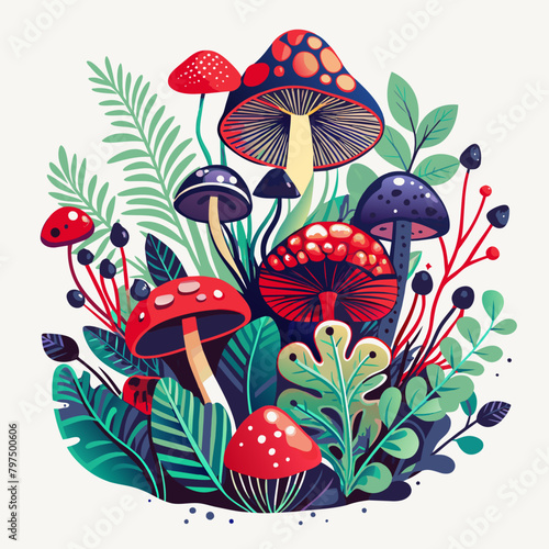 Vibrant Vector Illustration of Exotic Mushrooms Amidst Lush Foliage