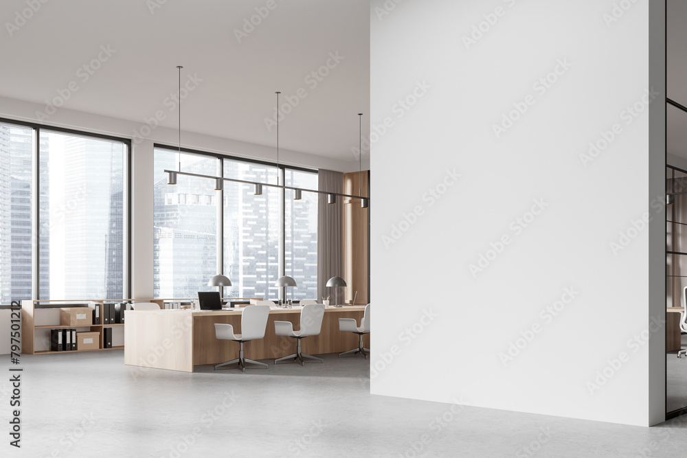 Fototapeta premium Office meeting room interior with chairs and table, window. Mock up wall