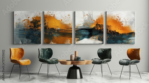 An abstract art print set using golden brushstrokes, texture, and modern design. Perfect for wall decor, wallpaper, posters, greeting cards, murals, hangings, canvas prints, and more.