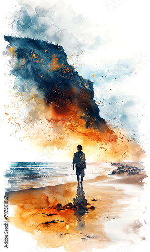 Silhouette of a man on the beach. Digital watercolor painting