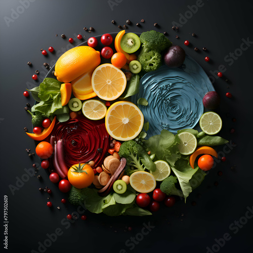Fruits and vegetables in the form of a circle on a black background