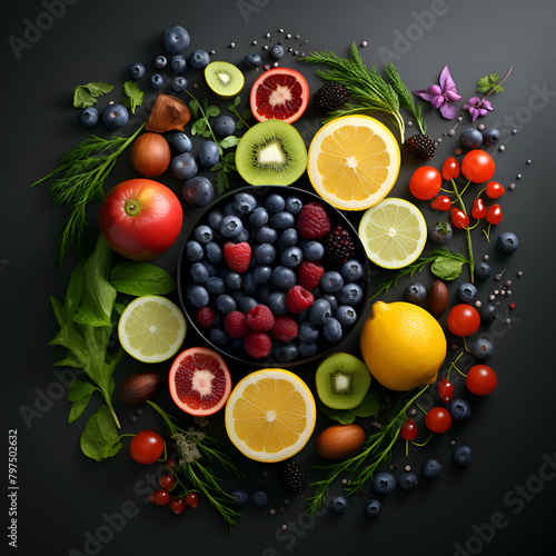 Fresh fruits and vegetables on black background. Healthy food concept. Top view.