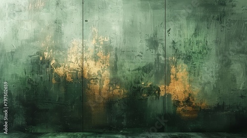 An abstract artistic background. Retro  nostalgic  golden brushstrokes. Textured background. Oil on canvas. Geometric  green  gray  wallpaper  poster  card  mural  rug  hanging  print  etc.