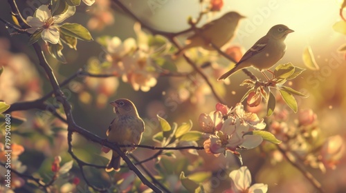 Serene birds on blossoming branch at sunset #797502680