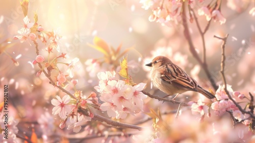 Serene sparrow on blooming branch