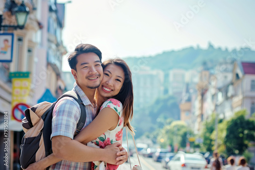 A charming couple embraces each other with joyful smiles on a bustling city street.