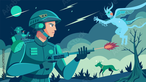 A soldier on the battlefield using a neural implant to enhance their physical abilities and fight alongside mythical creatures..