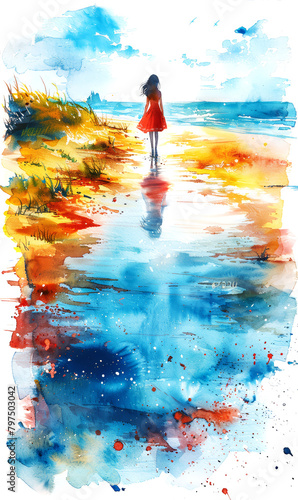 Watercolor illustration of a girl in a blue dress on the beach.